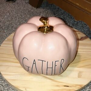 Rae Dunn Pink & Gold Gather Ceramic Pumpkin Table Decor 5.5” By 15” Round